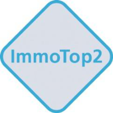 Produktlogo ImmoTop2: blauer Schriftzug «ImmoTop2» auf einer hellblau umrandeten Raute, Deckblatt der Anleitung.
