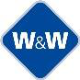 Firmenlogo W&W in Weiss auf dunkelblauem Quadrat, Fusszeile der Anleitungsseite.