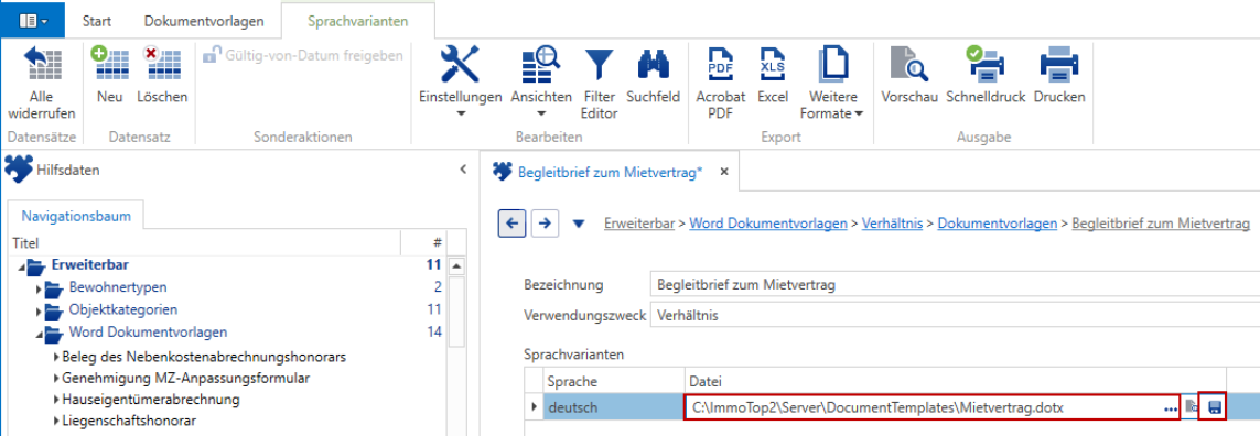 Register «Sprachvarianten» mit Sprache deutsch und rot markiertem Dateipfad C:\ImmoTop2\Server\DocumentTemplates\Mietvertrag.dotx samt Speichern-Symbol.