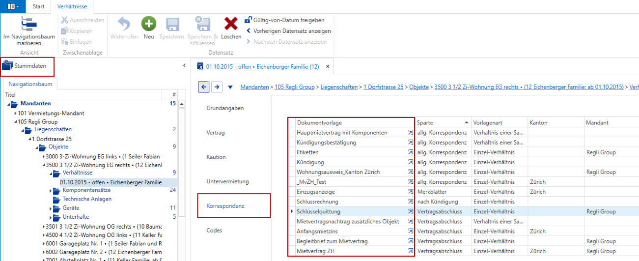 Unterdialog «Korrespondenz» eines Mietverhältnisses mit rot umrandeter Vorlagenliste, Spalten Dokumentvorlage, Sparte, Vorlagenart, Kanton und Mandant.