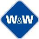 Firmenlogo W&W in Weiss auf dunkelblauem Quadrat, Fusszeile der Anleitungsseite.