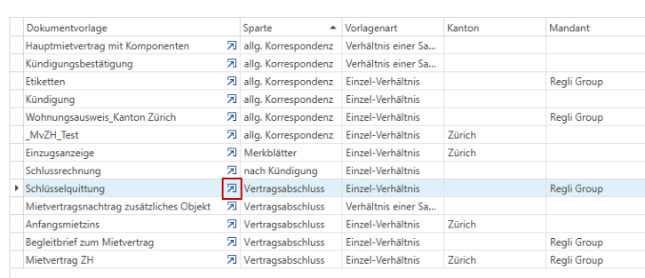 Ausschnitt der Vorlagenliste mit markierter Zeile «Schlüsselquittung» und rot hervorgehobener Link-Schaltfläche zum Öffnen der Word-Vorlage.