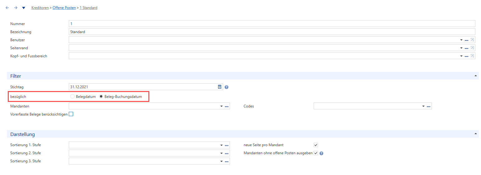 Auswertung «Kreditoren / Offene Posten», Register Filter: hervorgehoben die Auswahl «bezüglich» mit «Belegdatum» und «Beleg-Buchungsdatum» - gewählt ist «Beleg-Buchungsdatum».