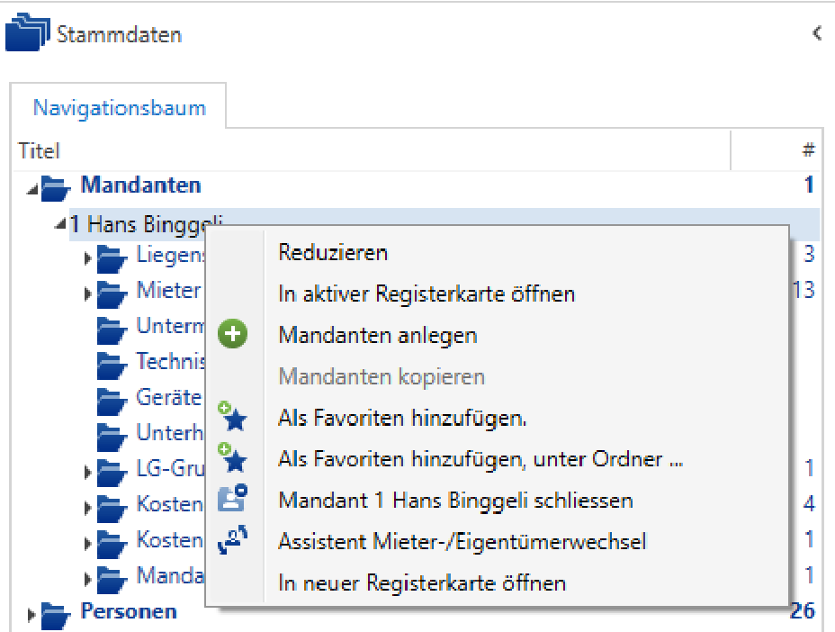 Kontextmenü in Navigationsbaum