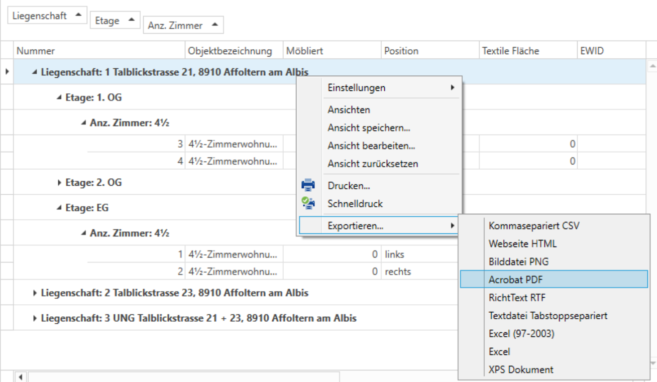 Übersichten/Dokumente exportieren