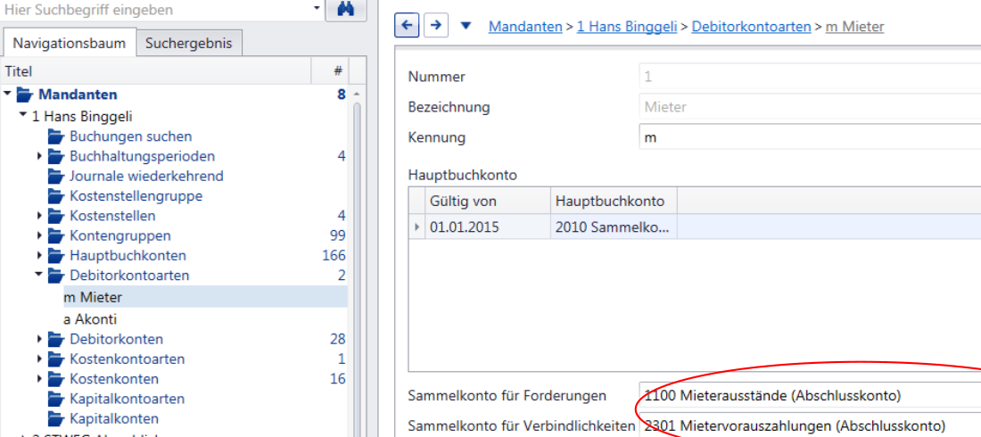 Debitorkontoart «m Mieter» mit Hauptbuchkonto 2010 Sammelkonto sowie Sammelkonto für Forderungen 1100 Mieterausstände und Sammelkonto für Verbindlichkeiten 2301 Mietervorauszahlungen.