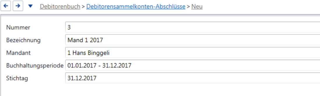 Neuer Debitorensammelkonten-Abschluss: Nummer 3, Bezeichnung «Mand 1 2017», ein Mandant, Buchhaltungsperiode 01.01.2017 - 31.12.2017, Stichtag 31.12.2017.