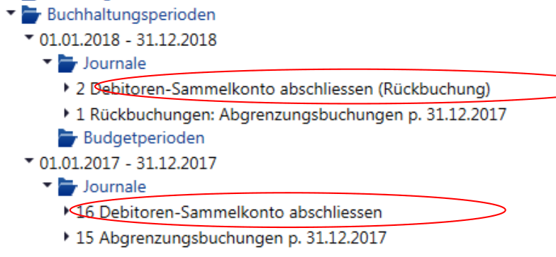 Navigationsbaum mit dem Journal «16 Debitoren-Sammelkonto abschliessen» in der Periode 2017 und dem Journal «2 Debitoren-Sammelkonto abschliessen Rückbuchung» in der Periode 2018.