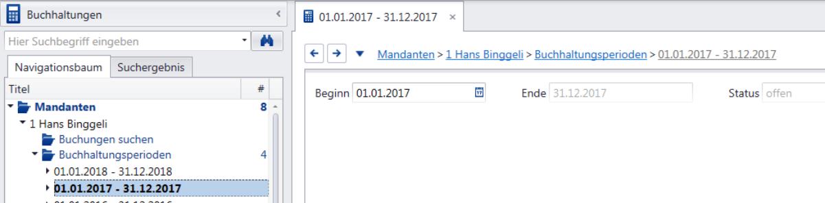Buchhaltungen-Navigationsbaum mit markierter Periode 01.01.2017 - 31.12.2017; rechts Beginn 01.01.2017, Ende 31.12.2017 und Status «offen».