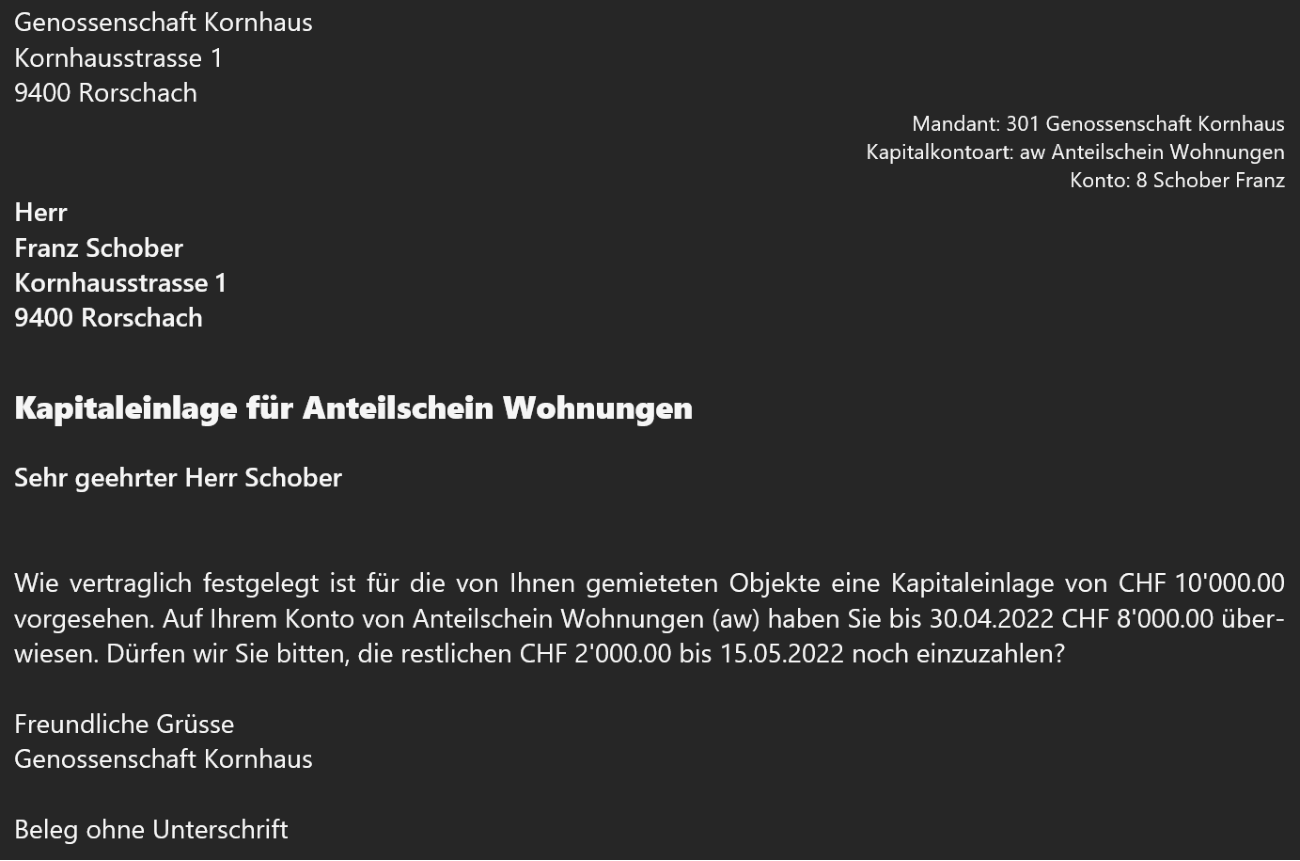 Erinnerungsschreiben «Kapitaleinlage für Anteilschein Wohnungen»: Mandant, Kapitalkontoart und Konto im Kopf; der Text nennt die vereinbarte Einlage, den bezahlten Teil und den Restbetrag mit Frist.