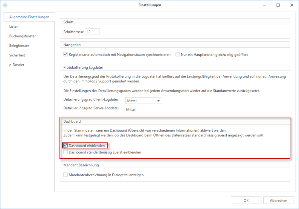 Anwendungsmenu/Einstellungen/Dashboard