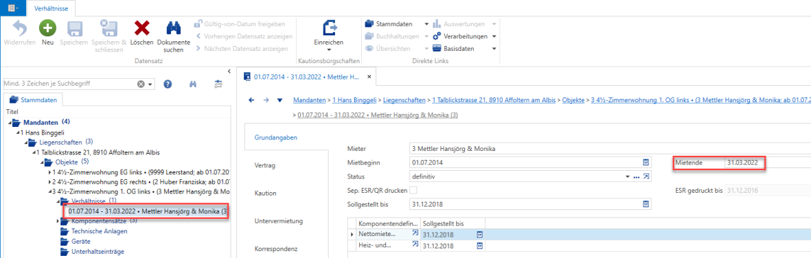 Stammdaten/Mandanten/Liegenschaften/Objekte/Verhältnisse - Mieterwechsel – Mietende