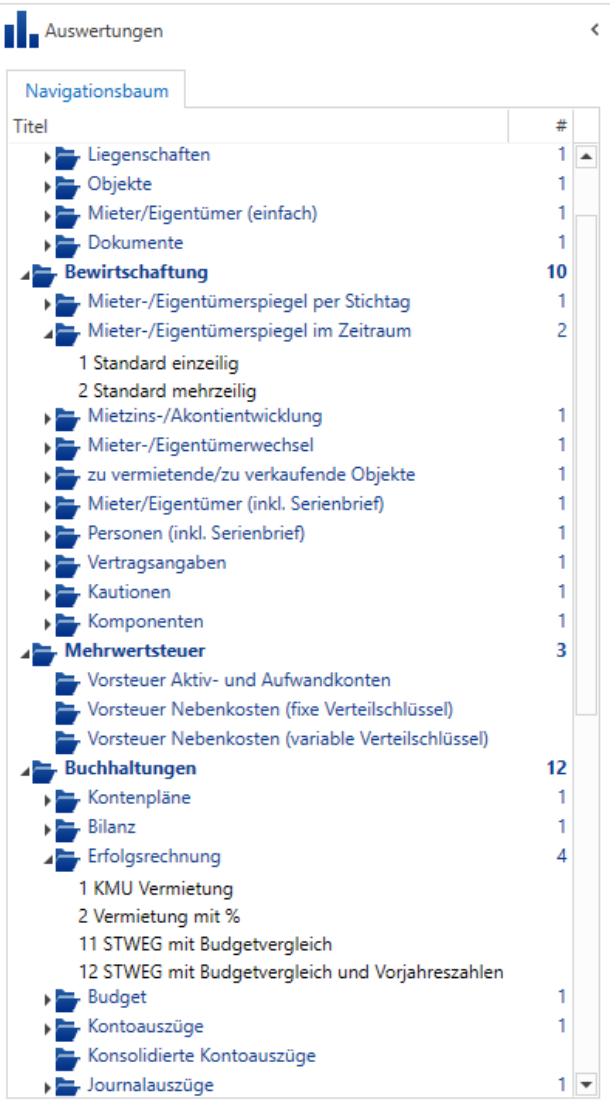 Auswertungen – Navigationsbaum