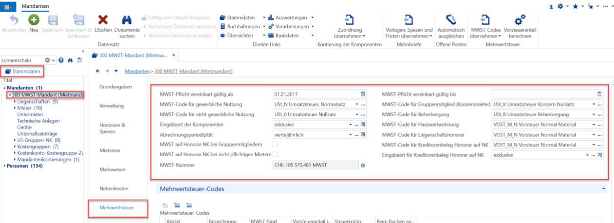 Mandanten-Unterdialog «Mehrwertsteuer»: MWST-Pflicht gültig ab/bis, Code gewerblich USt_N, nicht gewerblich USt_0, Eingabeart «exklusive», Periodizität «vierteljährlich»; darunter die Code-Tabelle.