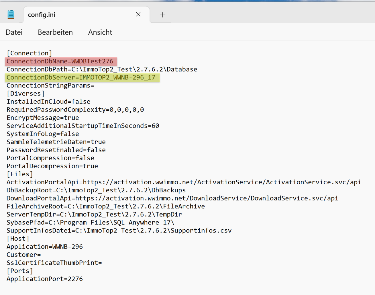 Datei «config.ini» im Editor: markiert sind ConnectionDbName=WWDBTest276 und ConnectionDbServer=IMMOTOP2_WWNB-296_17, darunter Pfade, Portalservice-URLs und ApplicationPort=2276.