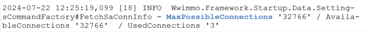 Logzeile aus WwimmoBusinessServer.log mit MaxPossibleConnections «32766», AvailableConnections «32766» und UsedConnections «3».