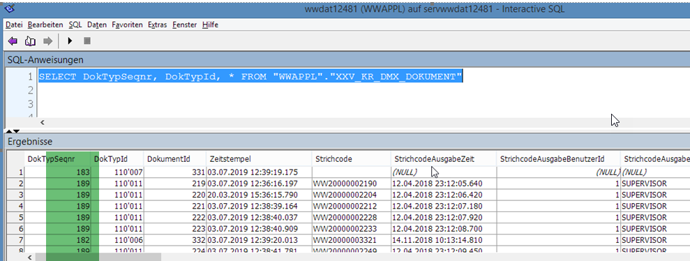SQL-Abfrage «SELECT DokTypSeqnr, DokTypId, * FROM WWAPPL.XXV_KR_DMX_DOKUMENT»: je Dokument stehen DokTypSeqnr, DokTypId, DokumentId, Zeitstempel und Strichcode in der Ergebnistabelle