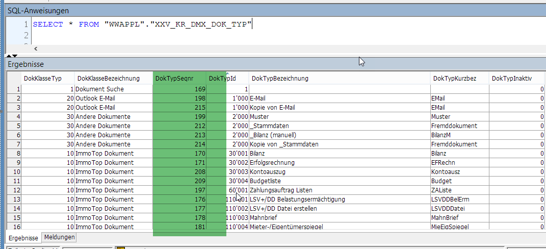 SQL-Abfrage «SELECT * FROM WWAPPL.XXV_KR_DMX_DOK_TYP» mit Ergebnis; die Spalte DokTypSeqnr ist grün markiert, daneben stehen DokTypId, DokTypBezeichnung und DokTypKurzbez