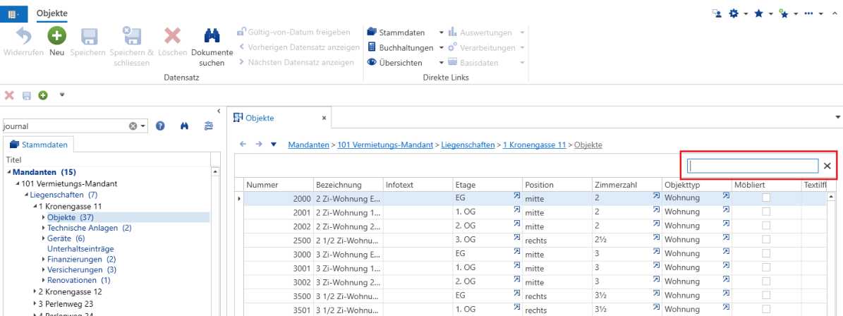 Detailtabelle «Objekte» mit rot umrandetem, leerem Suchfeld oben rechts; darunter die Spalten Nummer, Bezeichnung, Infotext, Etage, Position, Zimmerzahl, Objekttyp und Möbliert.