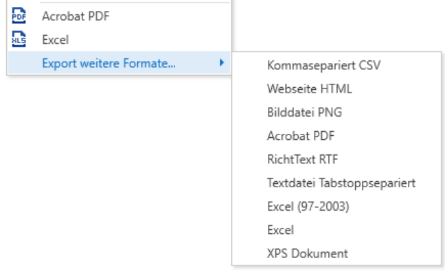 Aufgeklapptes Exportmenü: Acrobat PDF, Excel und unter «Export weitere Formate…» CSV, HTML, PNG, PDF, RTF, Textdatei tabstoppsepariert, Excel (97-2003), Excel und XPS.