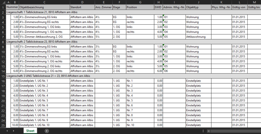 Die exportierte Objekttabelle in Excel: je Liegenschaft ein Block, je Objekt Nummer, Bezeichnung, Standort, Zimmer, Etage, Position, EWID, Admin. Whg.-Nr., Objekttyp und Gültig von.