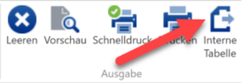 Menüband «Ausgabe» einer Auswertung: der Pfeil zeigt auf die Schaltfläche «Interne Tabelle» neben Leeren, Vorschau, Schnelldruck und Drucken.