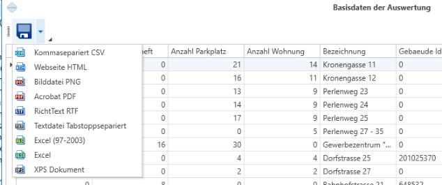 Die interne Tabelle «Basisdaten der Auswertung» mit Zusatzspalten wie Anzahl Parkplatz und Anzahl Wohnung; oben das aufgeklappte Speichermenü mit denselben neun Exportformaten.