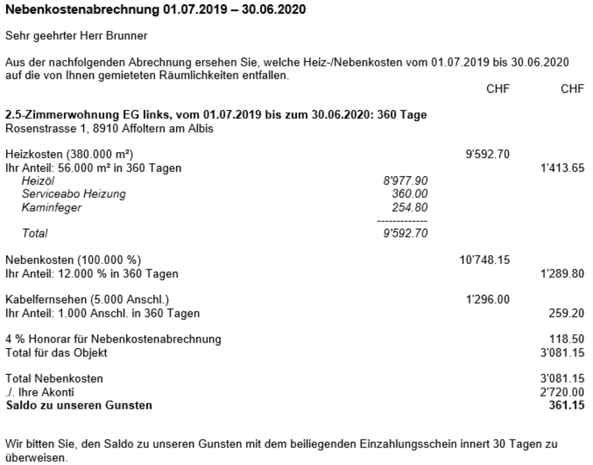 Nebenkostenabrechnung mit Schuld: je Kostenart die Gesamtkosten mit Schlüsselmenge und «Ihr Anteil» in Tagen, dann 4 % Honorar, Total, abzüglich Akonti und «Saldo zu unseren Gunsten» 361.15.