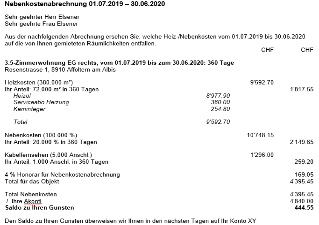 Dieselbe Abrechnung mit Guthaben: gleiche Gliederung, aber die Akonti übersteigen die Kosten — die Schlusszeile lautet «Saldo zu Ihren Gunsten» 444.55.