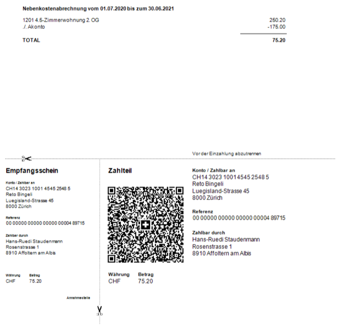 Nebenkostenabrechnung mit angehängter QR-Rechnung: oben Objekt, Akonto und Total 75.20, unten Empfangsschein und Zahlteil mit QR-Code, Konto, Referenz, Zahlbar durch, Währung und Betrag.