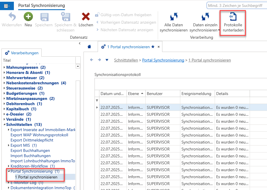 Verarbeitungen – Schnittstellen – Portal Synchronisierung mit Synchronisationsprotokoll; im Menüband ist die Schaltfläche «Protokolle runterladen» rot markiert