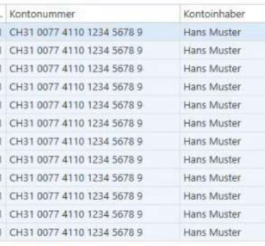 Dieselbe Dateitabelle, Spalten Kontonummer und Kontoinhaber: für jede Datei werden die in der XML hinterlegte IBAN und der Name des Kontoinhabers angezeigt.