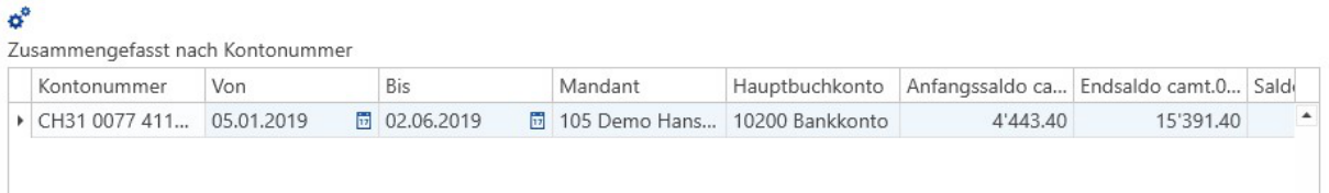 Tabelle «Zusammengefasst nach Kontonummer»: je Kontonummer eine Zeile mit Von- und Bis-Datum, Mandant, Hauptbuchkonto (hier 10200 Bankkonto), Anfangssaldo camt.053 und Endsaldo camt.053.