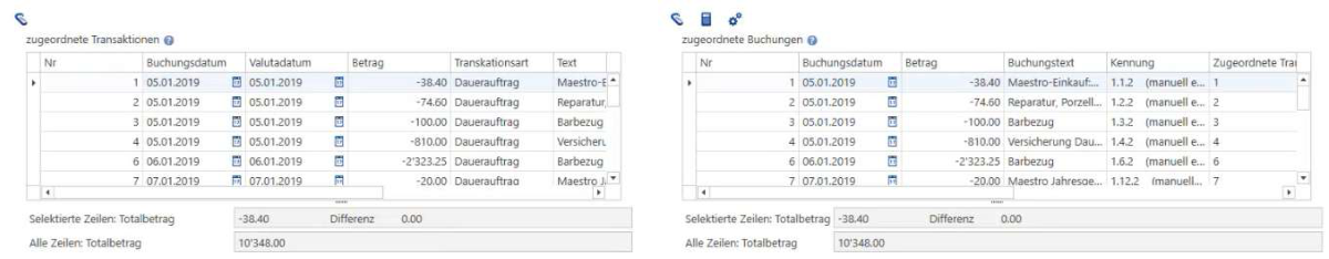 Unterer Fensterbereich, «zugeordnete Transaktionen»: links die Buchungen aus der camt.053-Datei, rechts die passenden der Buchhaltung; unter beiden Tabellen die Totalzeilen mit Differenz.