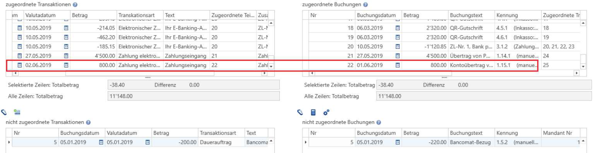 Nach der manuellen Verknüpfung: das Paar erscheint rot markiert oben bei den zugeordneten Zeilen; unten bleibt nur noch das betragsverschiedene Paar.