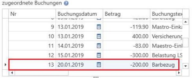 Obere rechte Tabelle «zugeordnete Buchungen»: nach dem Doppelklick links ist hier die zugehörige Zeile mit gleicher Nummer, gleichem Datum und gleichem Betrag rot markiert.