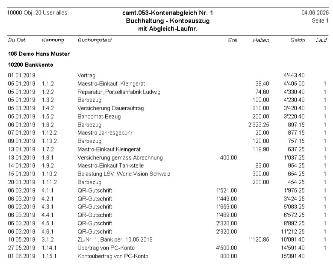 Auswertung «Buchhaltung - Kontoauszug mit Abgleich-Laufnr.»: Spalten Bu.Dat., Kennung, Buchungstext, Soll, Haben, Saldo und Lauf; sie beginnt mit dem Vortrag.