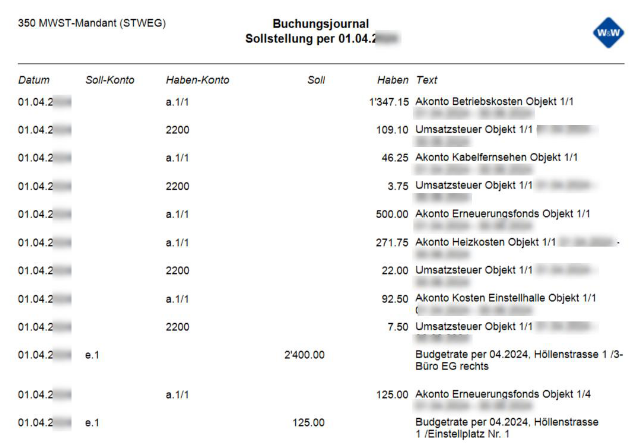 Buchungsjournal Sollstellung eines STWEG-Mandanten: zu jedem MWST-pflichtigen Akonto folgt eine Umsatzsteuerzeile auf 2200 — beim Akonto Erneuerungsfonds wird keine erzeugt.