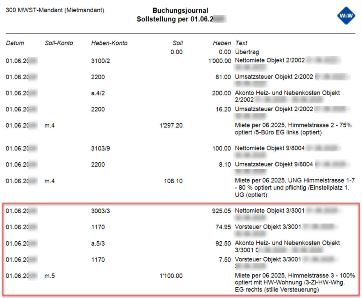 Buchungsjournal Sollstellung: bei optierten Mietobjekten steht neben Nettomiete und Akonto eine Umsatzsteuerbuchung auf 2200; bei der Hauswartwohnung mit stiller Versteuerung läuft sie über 1170.