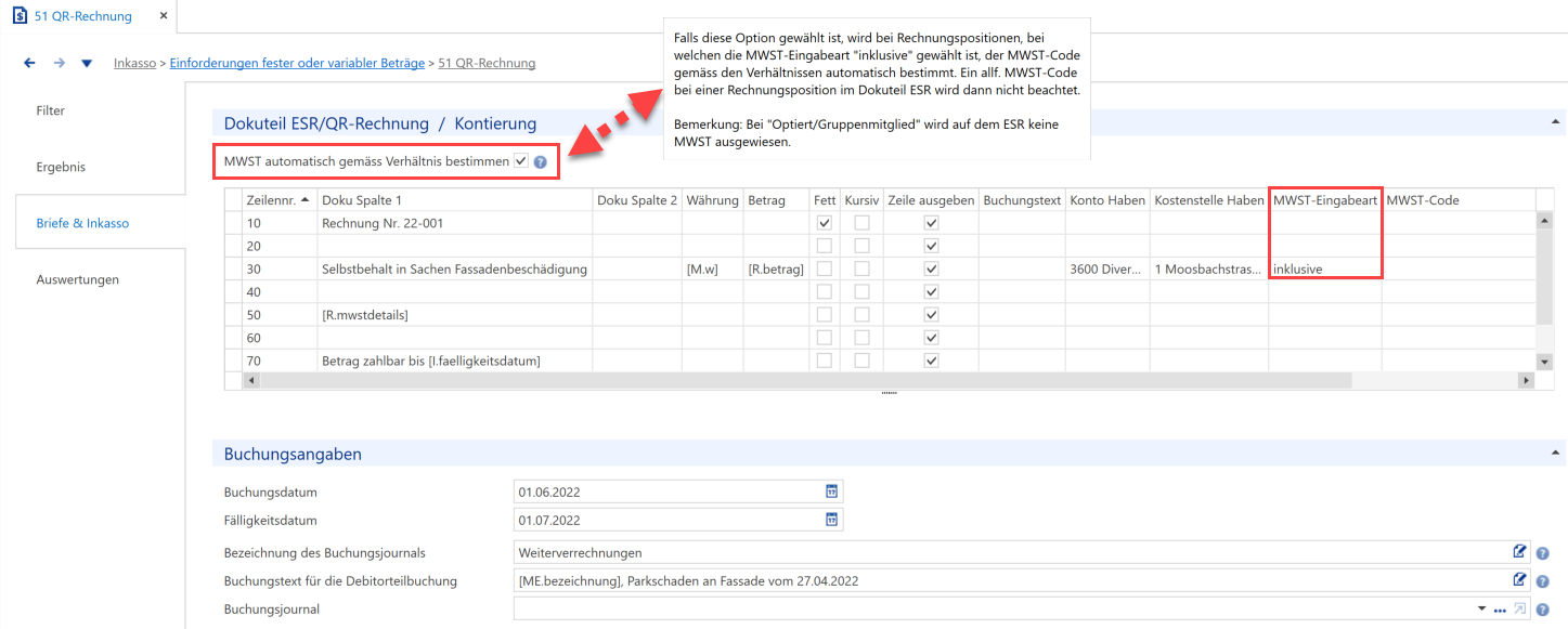 Dokuteil ESR/QR-Rechnung mit gesetzter Checkbox «MWST automatisch gemäss Verhältnis bestimmen», MWST-Eingabeart «inklusive» und leerem MWST-Code.