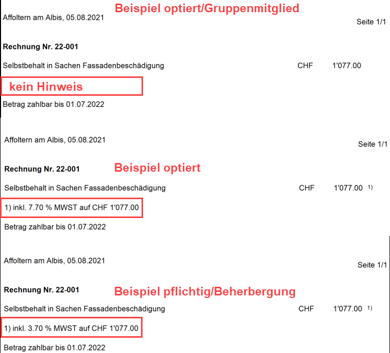 Drei Rechnungsbeispiele: optiert/Gruppenmitglied ohne MWST-Hinweis, optiert mit «inkl. 7.70 % MWST auf CHF 1'077.00», pflichtig/Beherbergung mit 3.70 %.