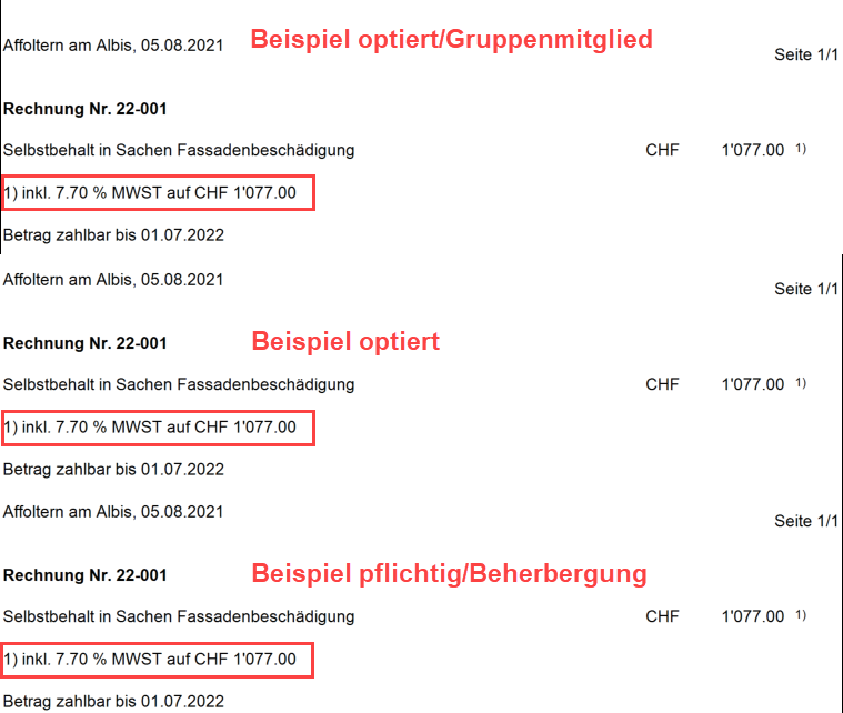 Drei Rechnungsbeispiele mit identischem Hinweis «inkl. 7.70 % MWST auf CHF 1'077.00» bei optiert/Gruppenmitglied, optiert und pflichtig/Beherbergung.