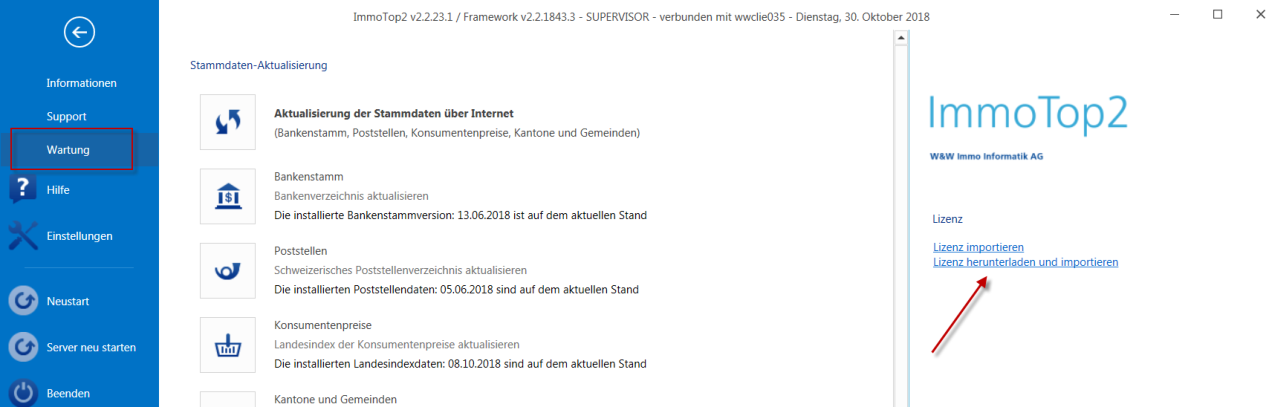 Applikationsmenü von ImmoTop2 mit rot markiertem Eintrag «Wartung»; rechts zeigt ein Pfeil auf den Link «Lizenz herunterladen und importieren»