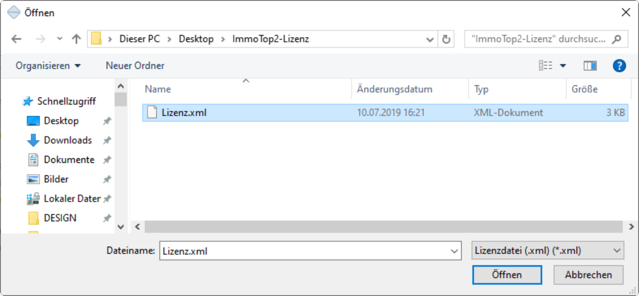 Windows-Dialog «Öffnen» im Ordner Desktop, Unterordner «ImmoTop2-Lizenz», mit markierter Datei «Lizenz.xml» und dem Dateityp-Filter «Lizenzdatei .xml»