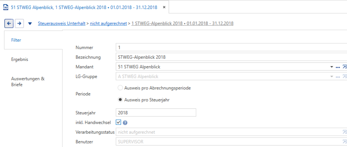 Verarbeitungen/Steuerausweise/Steuerausweise „Unterhalt“/Filter