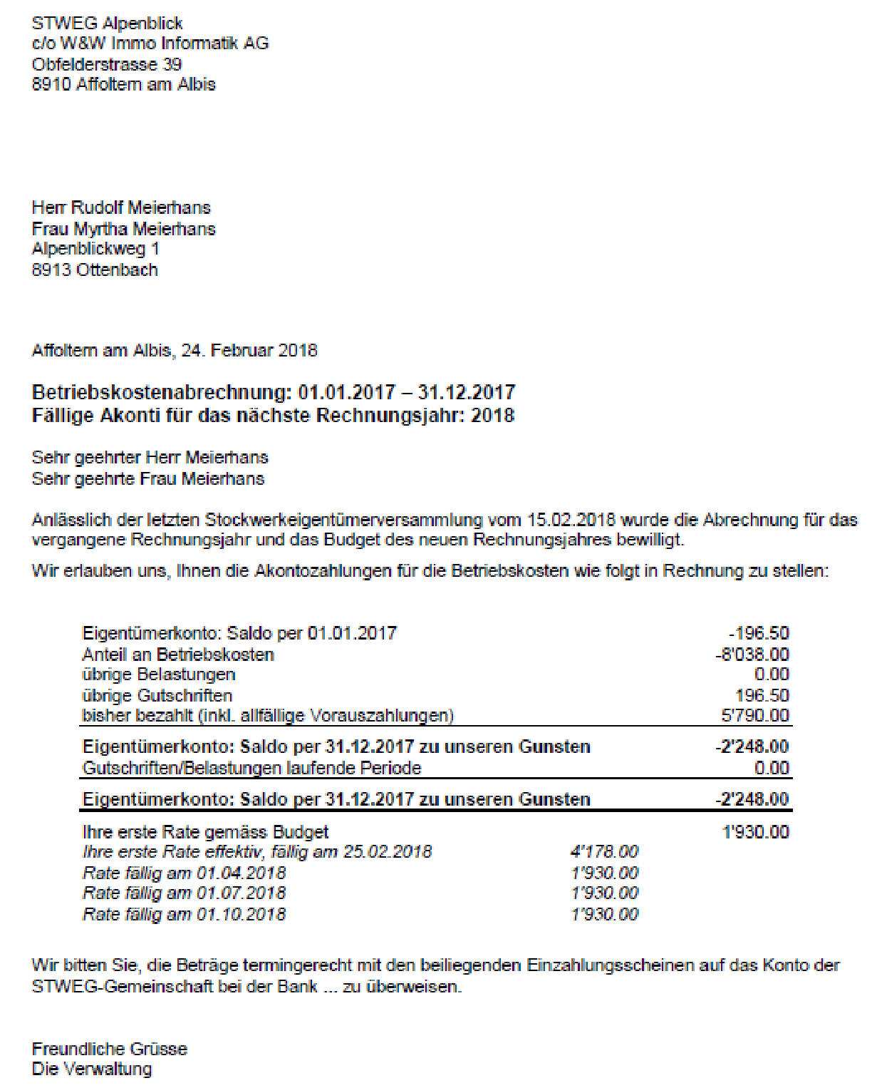 Eigentümerblatt Seite 1, Begleitbrief: Saldo zu Beginn, Anteil an den Betriebskosten, übrige Belastungen und Gutschriften, bisher bezahlt, Schlusssaldo und die vier Budgetraten mit Fälligkeit.