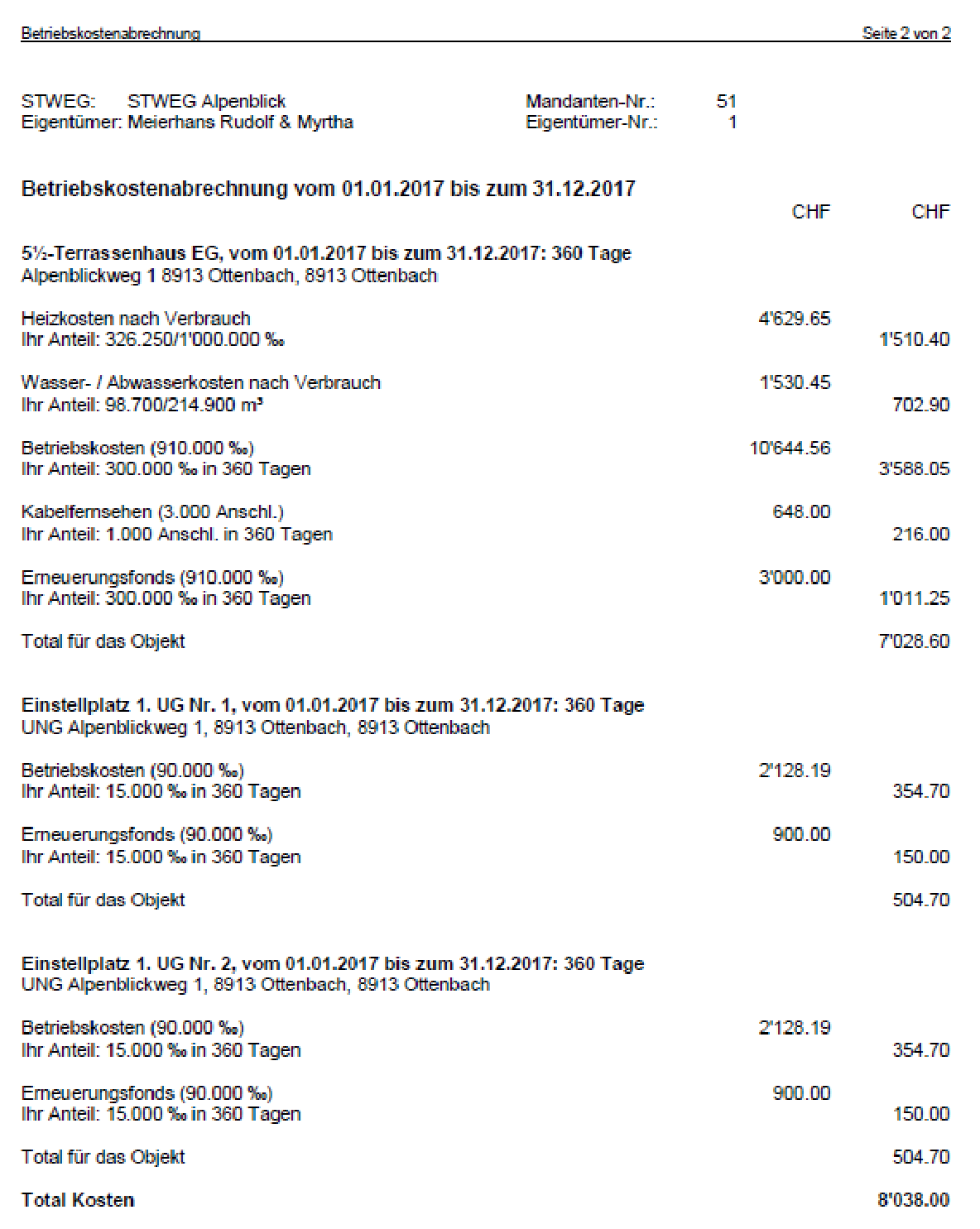 Eigentümerblatt Seite 2: je Objekt die Kostengruppen mit Gesamtkosten und «Ihr Anteil» samt Schlüssel (Promille, m3, Anschlüsse), Total für das Objekt und am Schluss Total Kosten.