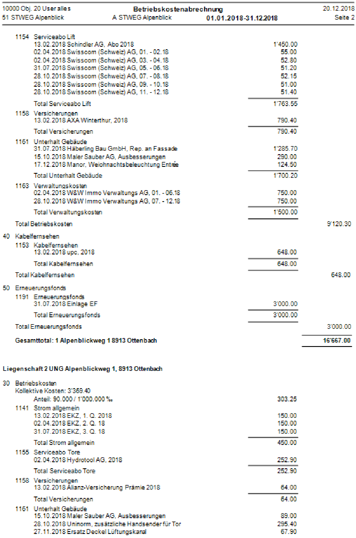 Kostenzusammenstellung Seite 2: weitere Konten mit Belegen — Serviceabo Lift, Versicherungen, Unterhalt Gebäude, Verwaltungskosten, Kabelfernsehen, Erneuerungsfonds — und das Gesamttotal.