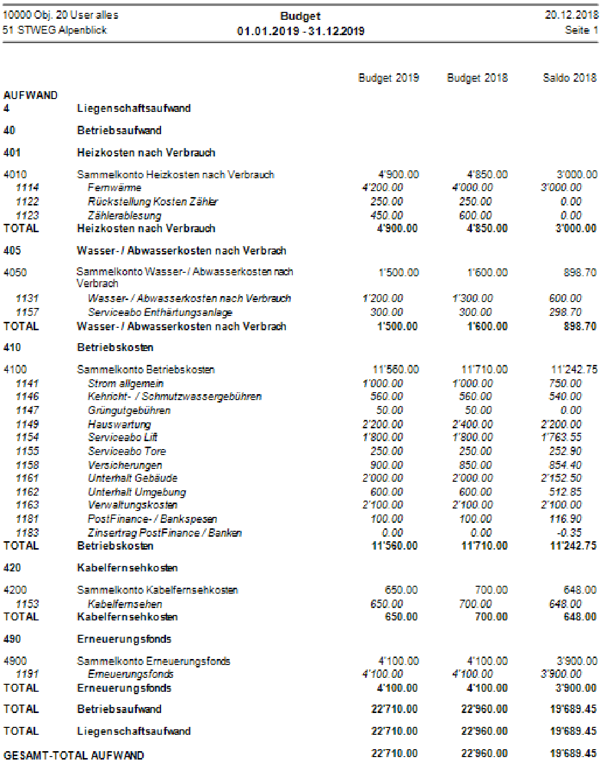 Budgetzusammenstellung für das nächste Jahr mit drei Spalten — Budget neu, Budget Vorjahr und Saldo Vorjahr — je Kostengruppe und Einzelkonto, unten Gesamttotal Aufwand 22'710.00.