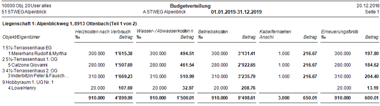 Budgetverteilung nach Objekten und Kostengruppen, Teil 1: je Objekt Promille und Betrag für Heizkosten, Wasser/Abwasser, Betriebskosten, Kabelfernsehen (Anschlüsse) und Erneuerungsfonds.